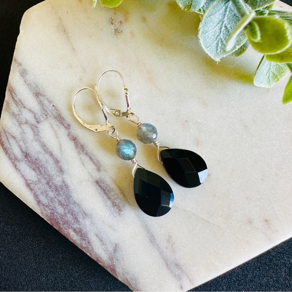 Black Tourmaline and Labradorite Earrings Sterling silver Dangle - Picture 1 of 8